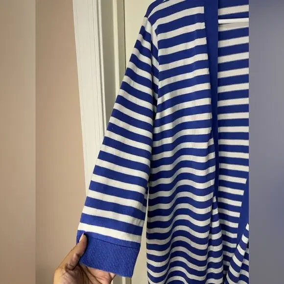 Talbots Blue White Stripe Coastal Lightweight Open Front Cardigan Pom Pom 3XP - Picture 2 of 8